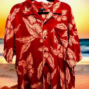 Red Tropical Hawaiian Men’s XL Button Down Shirt Red Tiki Palms Resort 46-48